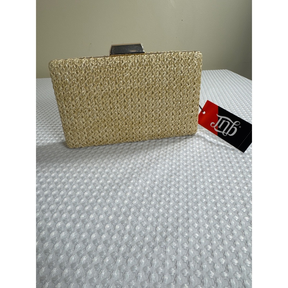 JNB Clutch Women Woven Straw Beige Gold Detachable Chain NWT